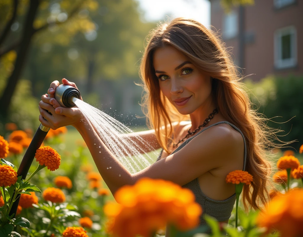 Close-up shot of a woman watering tagetes (marigolds) with a hose.Beautiful girl watering from a watering pipe flower, marigold for urban flower beds, grown in garden field outdoors.