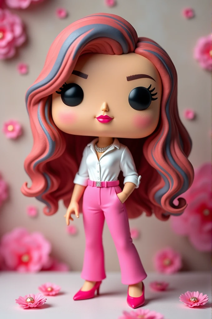 Make a Funko Pop of a White-Skinned Human Woman, hair with highlights, pink lipstick,with pink pants, white shirt, with necklace and high heels. no tattoos.