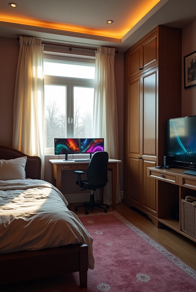 what a room with a bed and headboard under the window would look like, pc gamer dressing table on the same wall on the other side, the other wall has the door with a wardrobe and the 4th wall with a TV