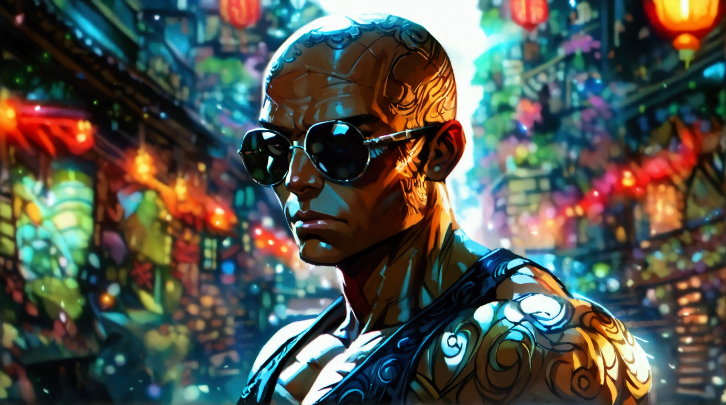 Man, muscular and defined body, bald, sunglasses, fighting outfit inspired by Ryu street fighter, fighting pose, dark street background, ((Intricate anime character design inspired by One Piece)), ((Stunning lighting)), ((Fine lines)), ((Stunning focus)), ((Centered character)), ((Stunning face)), ((Detailed focus)), ((Detailed background)), ((Ultra-fine 2D design)), ((Creative backdrop)), ((2D masterpiece)), ((Best quality)), ((8K anime style))