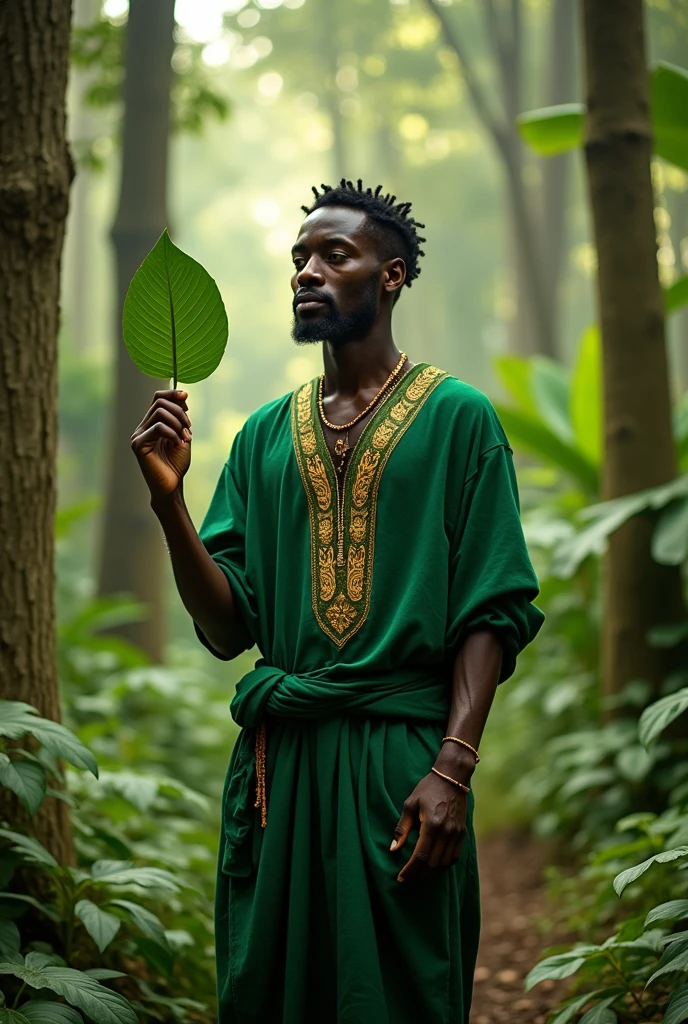 Orisha black man warrior short hair green clothes holding a leaf in his hand in the middle of the dense forest