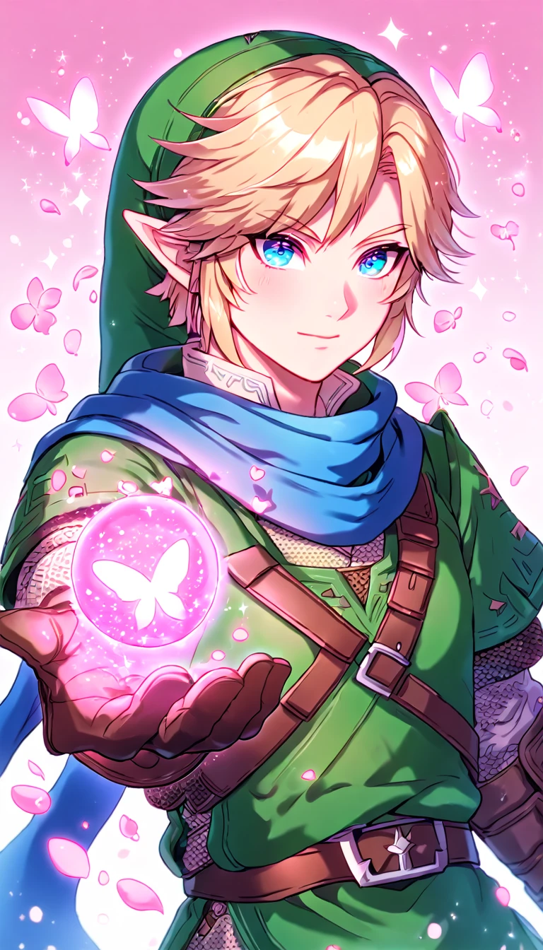 absurdres, highres, ultra detailed, HDR, master piece, Link, blonde hair, expressive blue eyes, blue scarf, green hat, green tunic, brown gauntlets, The Legend Of Zelda (Hyrule Warriors), fantasy, glittering pink butterflies, petals, magical, handsome, sexy man, solo, very detailed eyes and face, glittering, pink flowers, sensual, crystal glass magic, pink shining fireflies, pink fire, pink forest