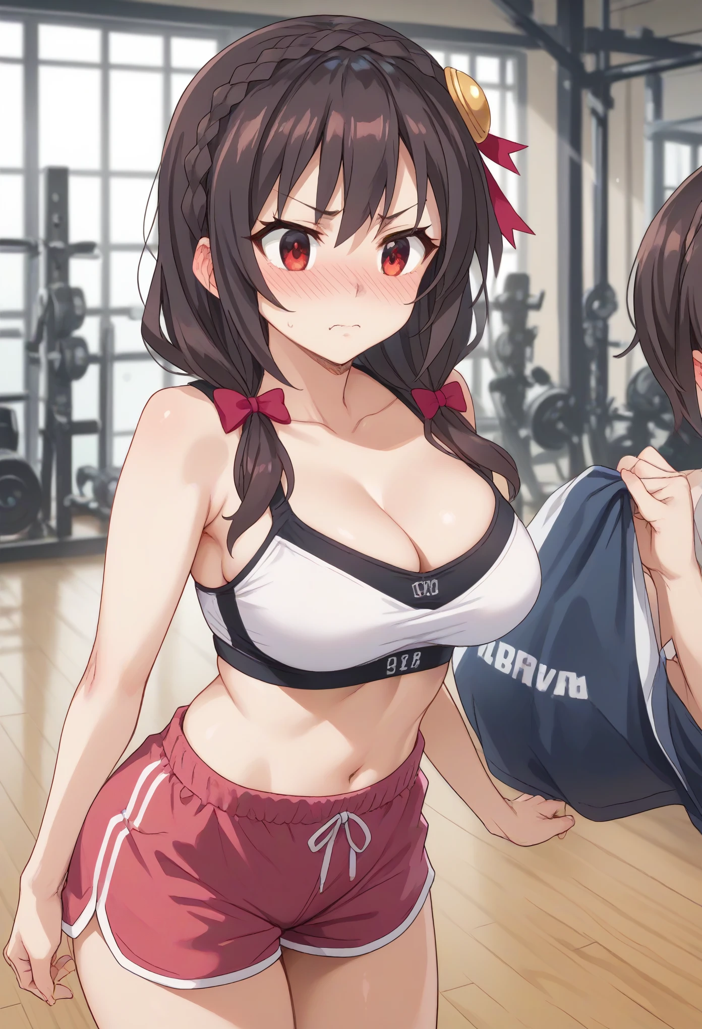 yunyun, black hair, hair ornament, red eyes, bow, braid, crown braid, large breast, sport bra, shorts, on the gym, ear blush, full blush, tsundere, full-face blush