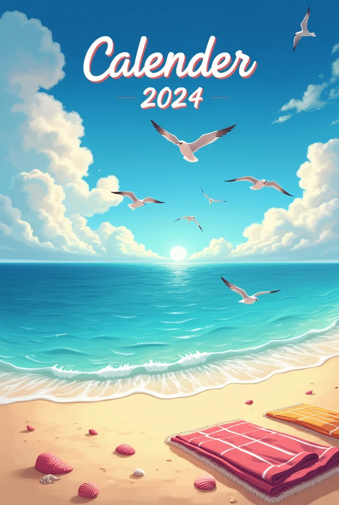 Create a cover with the name "Calendar 2024" with a beach with birds flying in the background