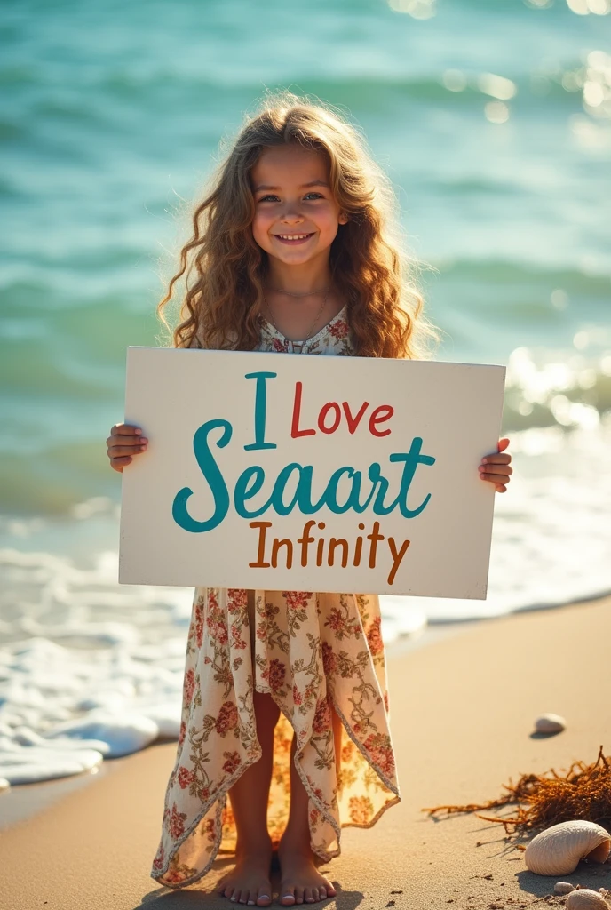 Beautiful girl with wavy long hair, bohemian dress, holding a white board with text "I Love Seaart Infinity" and showing it to the viewer