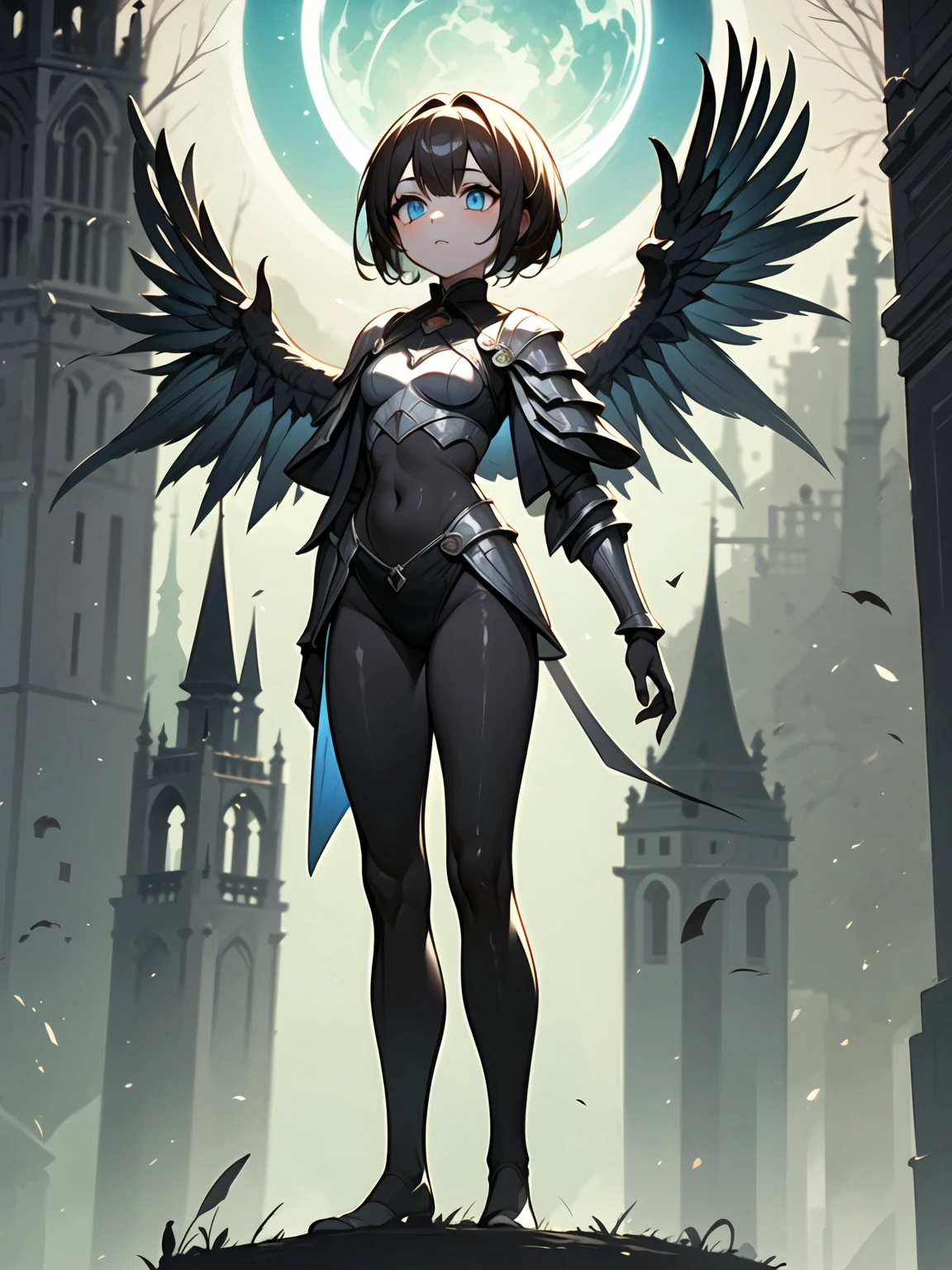 (((masterpiece))) (((highest quality))) (((16k resolution))) Queen in power armor, (gothic style), (full body shot 1.2), bellybutton, The most beautiful and sexy angel goddess, with long light brown hair, and glowing blue eyes, wearing intricate white gothic battle armor, angel wings, standing majestically in front of a gothic castle. ((perfect illumination)), a radiant glowing aura surrounds her, highlighting her divine presence and ethereal beauty, as she stands ready to defend her realm. The intricate details of her armor shimmer under the moonlight, and her angelic wings spread wide, casting an awe-inspiring shadow. Her glowing blue eyes exude both kindness and immense power, making her the epitome of grace and strength.