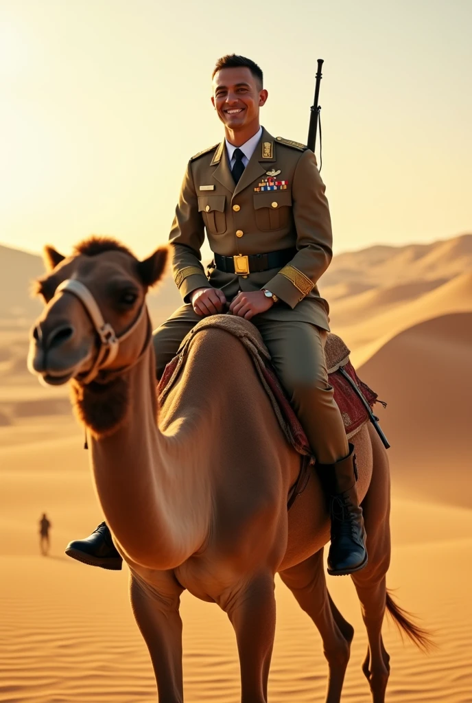 Army officer smiling and sitting on camel at desert with rifle