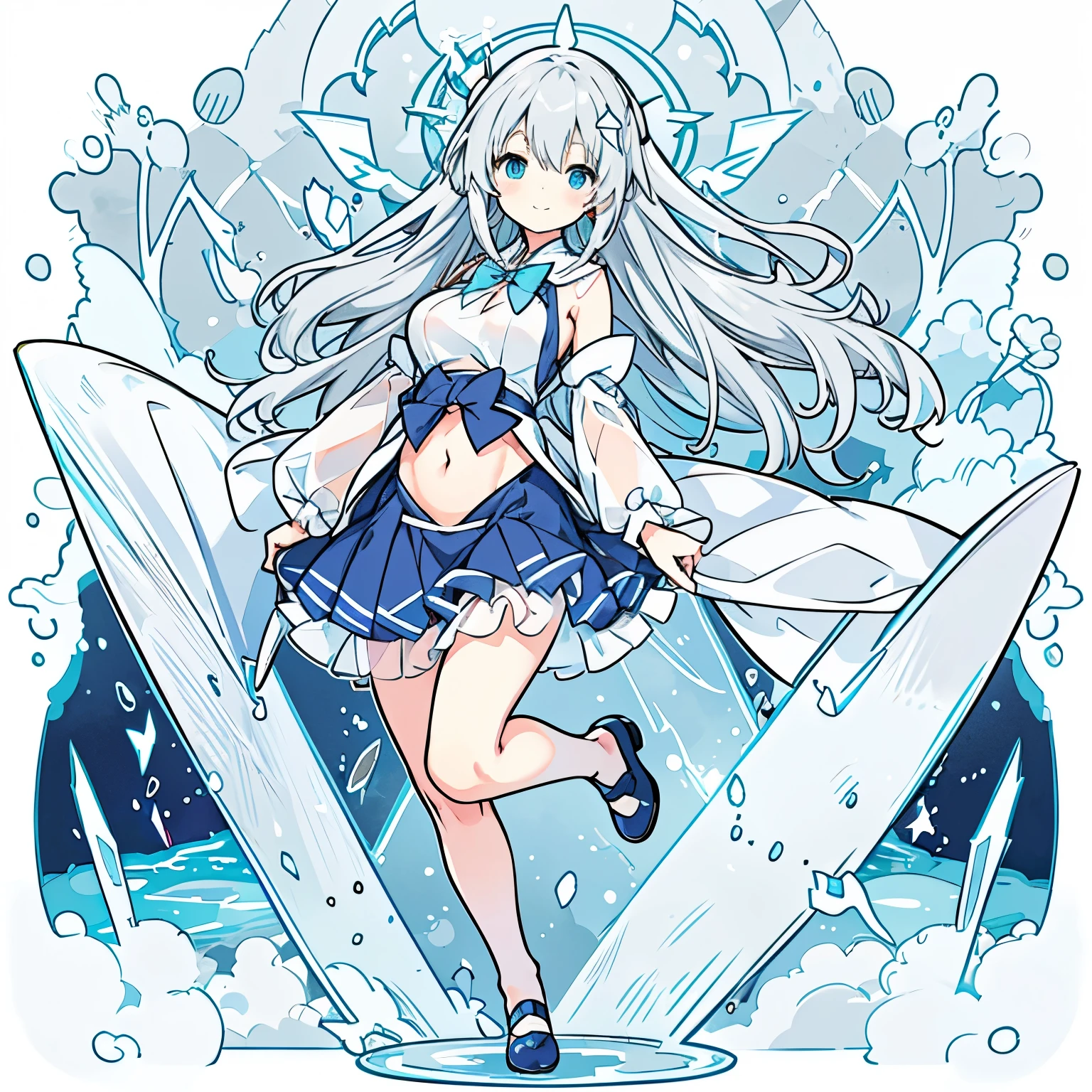 One person 小さいBody長 低Body長 Baby Face cute Light gray hair Long Hair Blue colored eyes Magical girl witch Body 全Body shoes Big Tits Big Breasts Sheer clothing Embarrassed A little smile a shirt with a triangular hole in the stomach Transparent hair Transparent long skirt