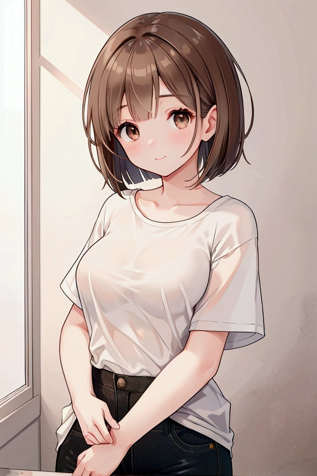 Photorealistic、Highest quality、Highest Resolution、Highest quality、16Ｋ、1 beautiful adult woman、Cute face、Delicate face、Bob cut hair、Ash brown hair color、Brown eyes、Delicate eyes、Beautiful Eyes、Beautiful breasts、Big Breasts、Simple T-shirt、skinny pants、Sexy、