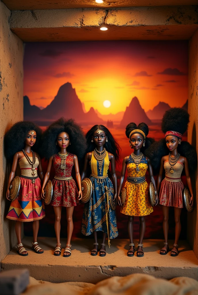 Dolls for box theater but with characteristics of black and warrior women 