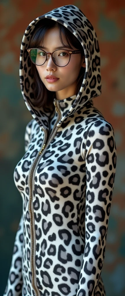 The beautiful and thin taiwan adult girl with beautiful cheeks wears snow leopard lycra turtleneck unitard catsuit covered with many spots and snow leopard lycra elastane dancewear hijab-like hood.She wears a pair of glasses