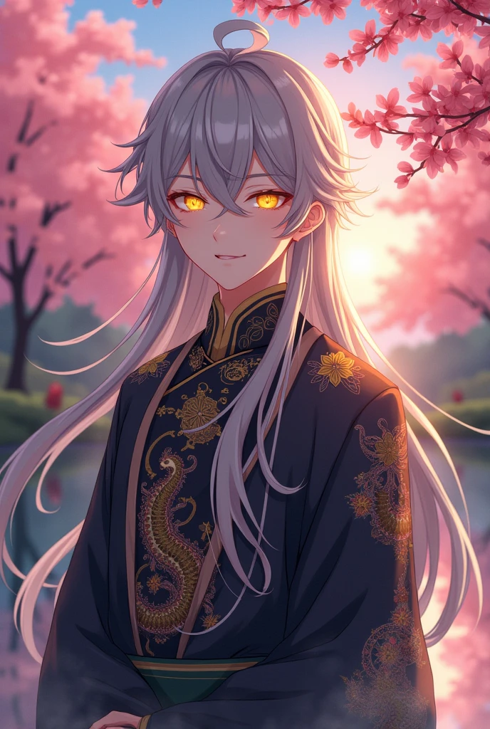 anime man,phosphorescent yellow eyes traditional Chinese costume, grey hair