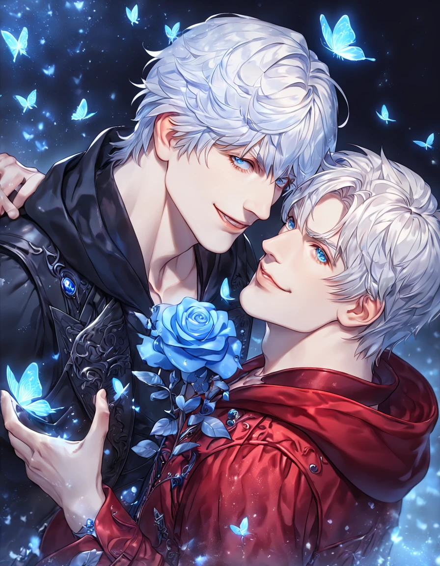 absurdres, highres, ultra detailed, HDR, master piece, best quality, extremely detailed, detailed face, Nero, medium length white hair, expressive blue eyes, Devil May Cry, Dante, two sexy men together, yaoi, gay couple, handsome, smile, manly man, red coat, black vest, black coat, hooded red vest, magical, fantasy, under a blue tree, blue flames, blue moon, blue fireflies, blue roses, blue butterflies, glass magic