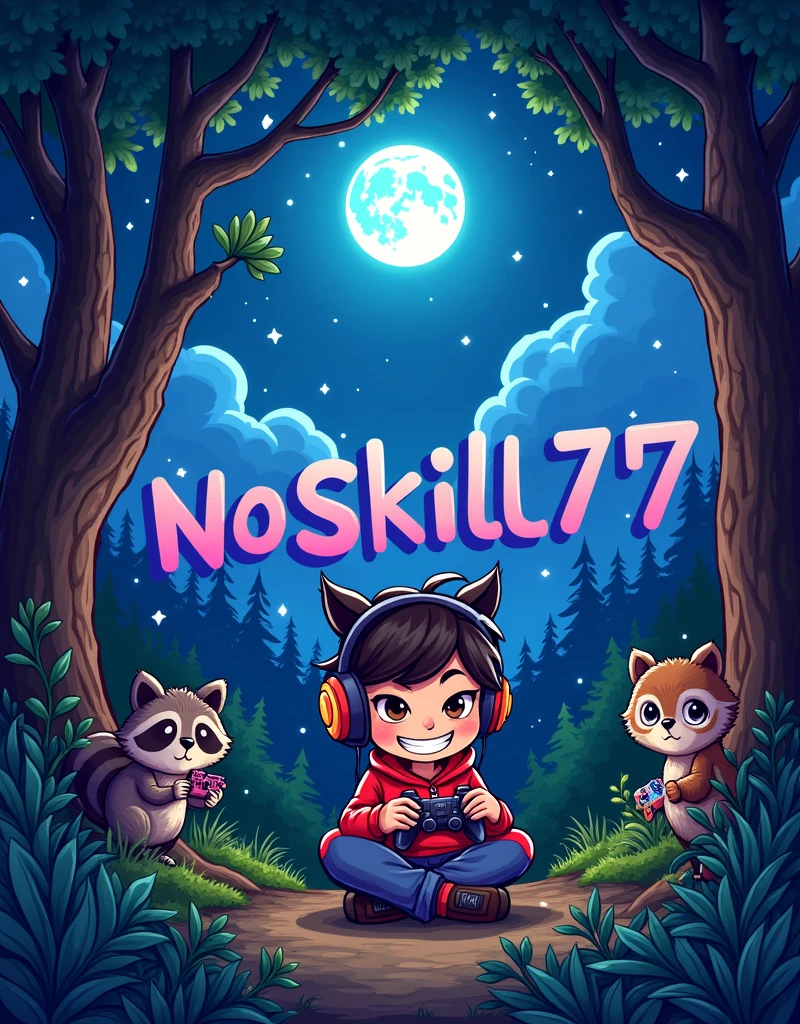 a cartoon image with the word NoSkill77 with theme in video games and nature at night