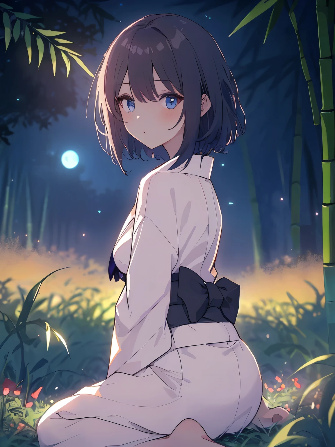 best quality, masterpiece, (独奏:1.4), (1 Female:1.4)、Adult women、Larger breasts、(Slender figure)、(sitting on the edge:1.5)、(Cool colored yukata:1.3)、(White highlight in pupil:1.2)、(Dark blue eyes)、(beautiful eyes)、(Black-haired:1.2)、(Tie your hair back:1.5)、(Blur the background to make the woman stand out:1.3)、(Simple Background)、(Summer Garden:1.3)、(Garden at Night)、(Firefly Light:1.3)、(moon)、(Bamboo Forest)