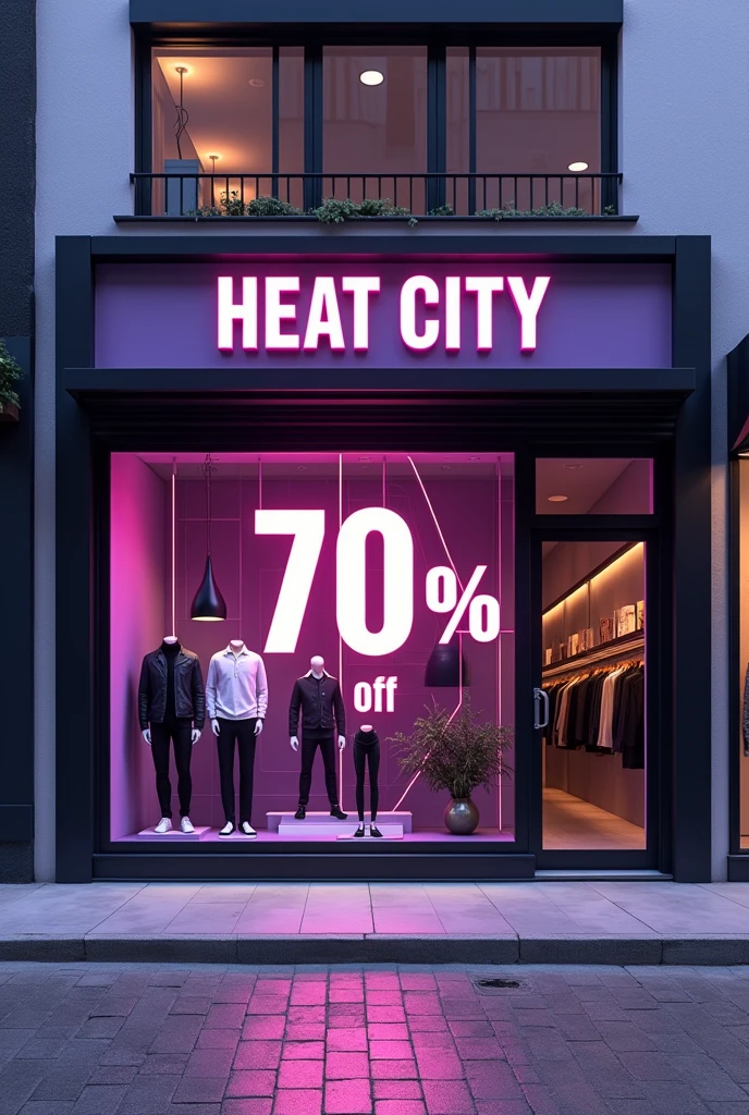 Design a store for urban and trendy clothing for men, his name is "Heat City", For the environment, use a color palette such as lilac purple., black and white, In addition to showing in the image that there is a 70% promotion% off, that the discount is seen as is, a legible letter