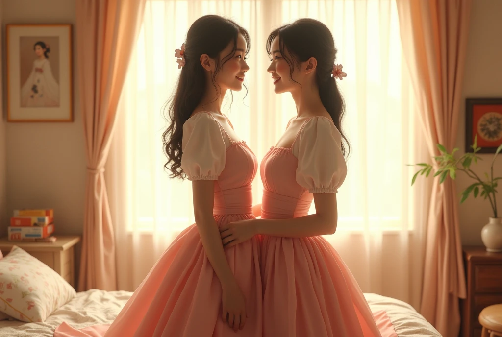 (((photorealistic))), ((realistic)), (ultra high definition), best quality, masterpiece, ray tracing, ((two japanese females)),((trio)) , ((super fine face)), bustle skirt , half smile , show panties , looking at viewer, front view, bedroom
