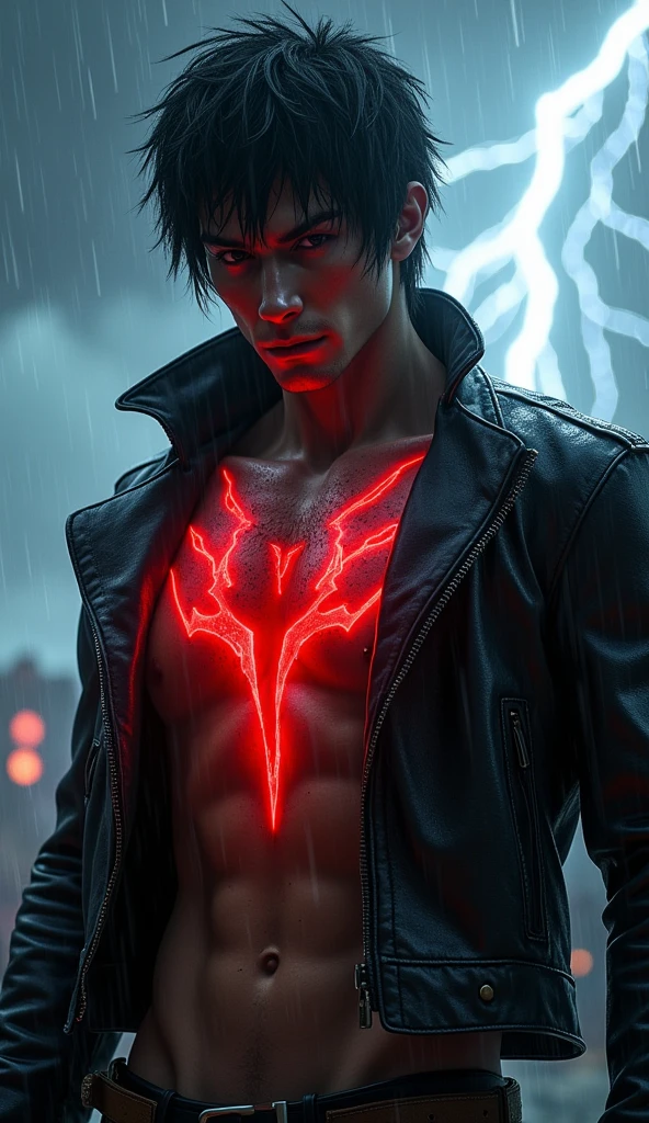 Jin Kazama stands alone in a rain-soaked battlefield, his signature black leather jacket open to reveal the red tattoo of the Devil Gene on his chest, glowing faintly against his scarred skin. His fists are clenched, and his eyes burn with a mixture of anger, sorrow, and determination. Lightning flashes overhead, illuminating his solemn expression as the rain drips from his dark hair, symbolizing the inner storm he battles. The scene captures Jin’s eternal struggle between the darkness of his lineage and his desire for redemption, a lone warrior fighting against both the world and himself.