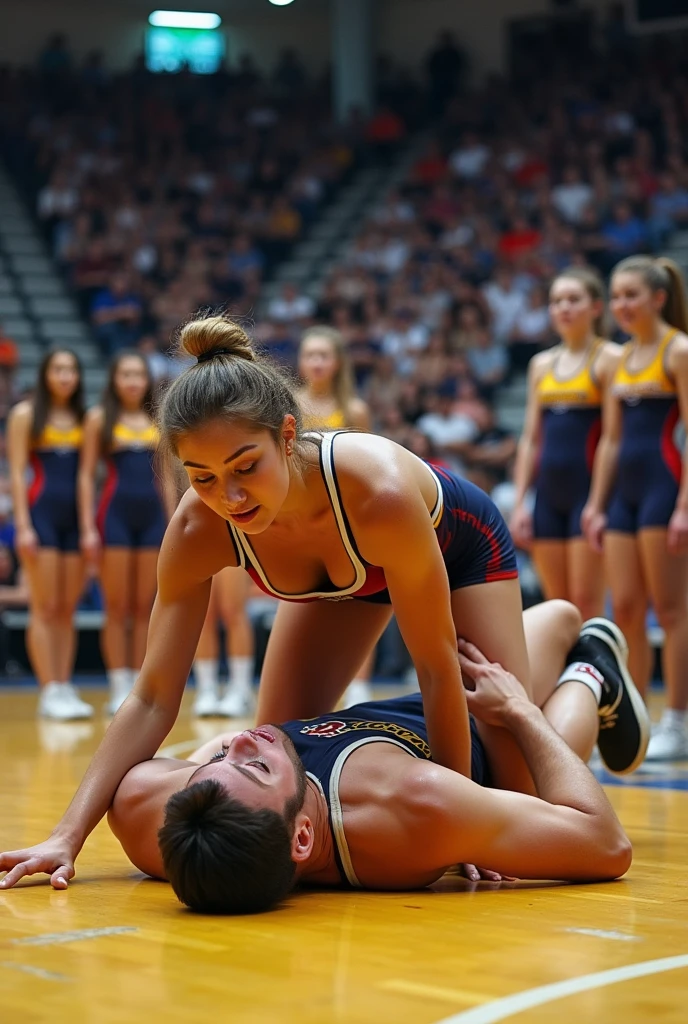 A hot female wrestler in a singlet on top of a male wrestler in a high school gym in front of shocked and amused cheerleaders the male wrestler is exhausted