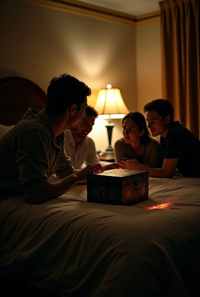 A group of friends in a hotel room FINDING A UNDER THE BED
(for a horror story)