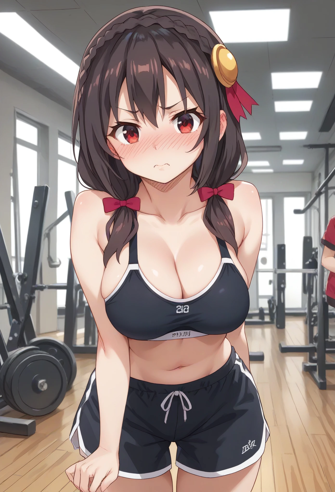 yunyun, black hair, hair ornament, red eyes, bow, braid, crown braid, large breast, sport bra, shorts, on the gym, ear blush, full blush, tsundere, full-face blush