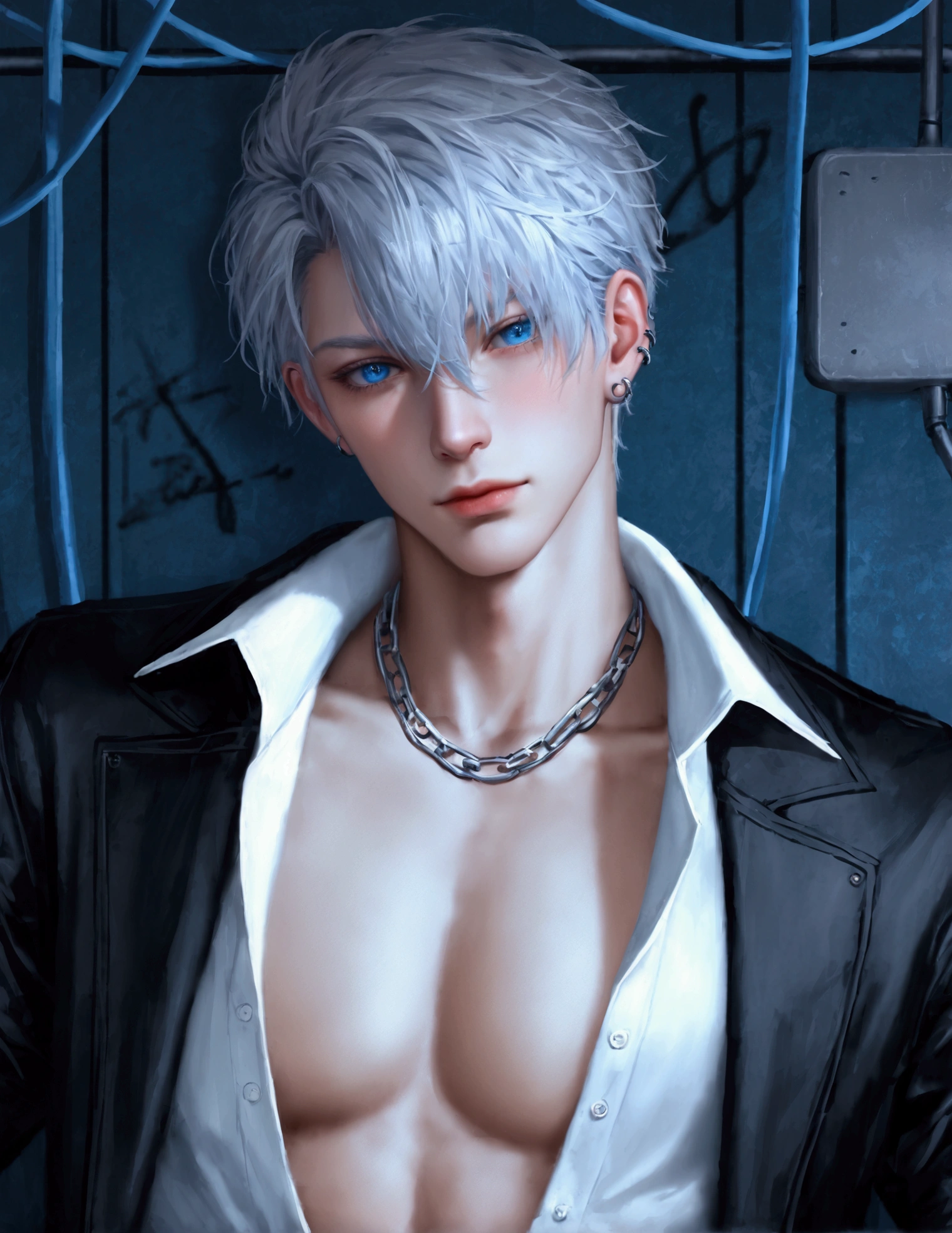 Digital illustration featuring a highly detailed, anatomically correct, striking-looking anime character. The character has shaggy silver hair and piercing blue eyes, with a pale skin tone. They are dressed in a mix of modern and punk attire, including a black jacket with chains and metallic accessories, and a partially unbuttoned shirt revealing a detailed tattoo on the chest. The background is a high-tech backdrop with several high-resolution computer screens displaying intricate blue and white text and various dangling cables and wires. The overall color scheme is dark with shades of blue and gray. The stylized logo in the top center resembles an eye with text above and the word ‘Artvision1999’ in a graffiti-like font in the bottom left corner. The image must be rendered in high resolution, suitable for 4K display.