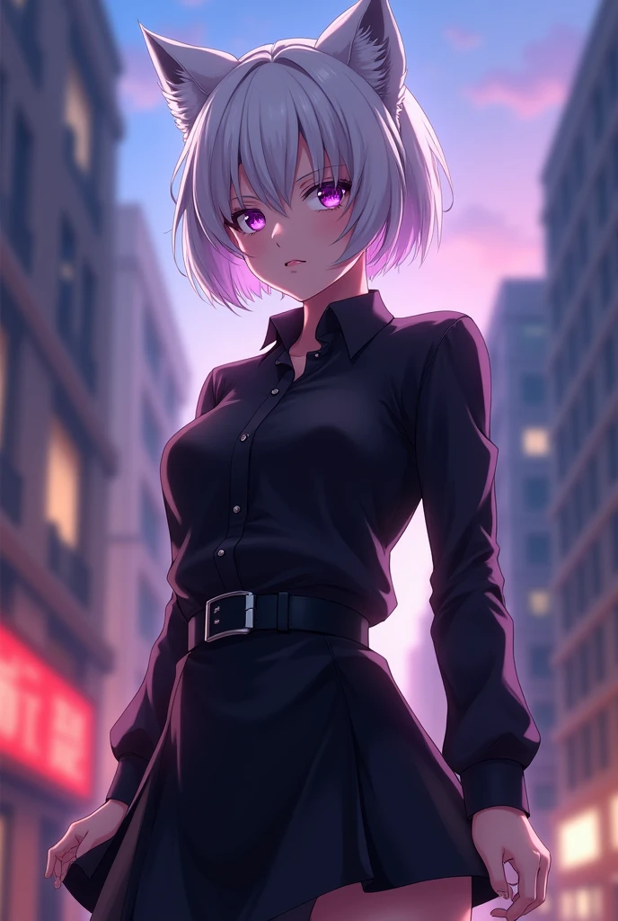 anime girl, short wolfcut style hair, white hair, White skin, deep purple eyes, detailed eyes serious expression, black skirt, black long sleeve button down shirt, dominant, busty, slightly muscular