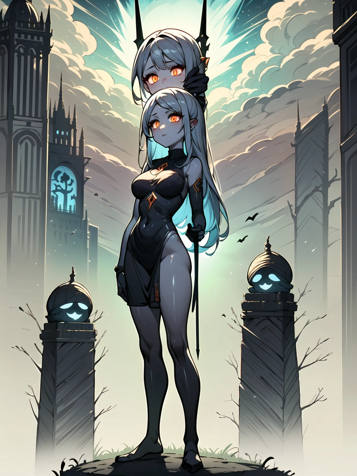 (((masterpiece, best quality, high detailed, 16k))) (1goddess) A formidable thunder goddess with a commanding presence, her eyes crackling with electric energy. She has a lithe, muscular build and long, flowing hair that seems to shimmer with lightning. She wears ornate armor in shades of stormy gray and electric blue, intricately designed with lightning motifs and glowing runes. In her hands, she wields a massive, intricately detailed warhammer that crackles with thunderous energy. Her stance is powerful, with dark storm clouds swirling around her and bolts of lightning illuminating the scene. ((full body view))