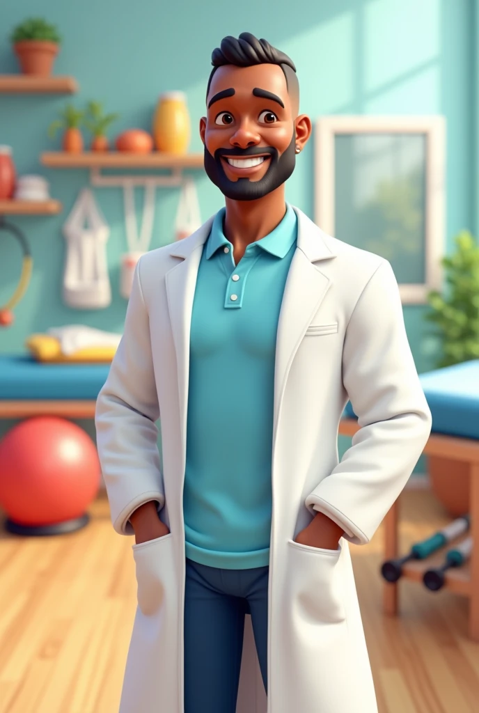 pixar 3d image of a handsome adult men with skin coloured brown, with his short hair buzz cut and NO BEARD, is dressed as a physiotherapist, and the background full of physiotherapy stuff.