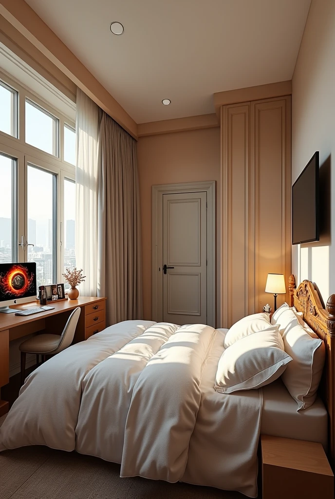 what a room would look like with a bed and headboard under the window on one wall, a gaming pc and a dressing table on the same wall on the other side, the other wall that has the door with a wardrobe and 4th wall with a TV