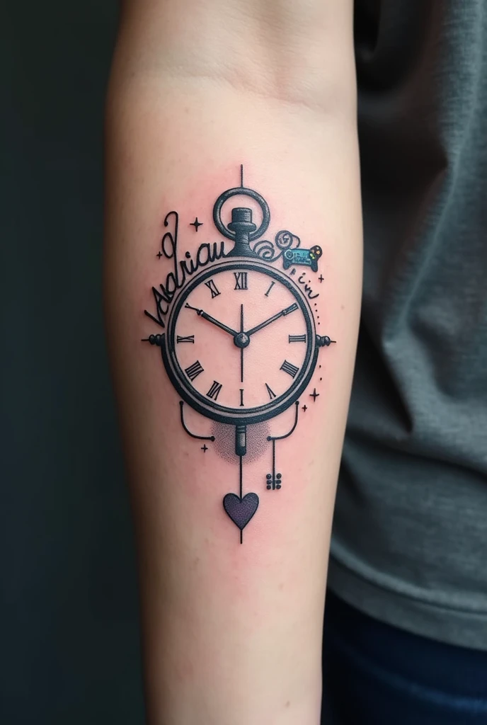 I want an idea for a tattoo on my forearm with my son&#39;s name "Adrian Valentine" and date of birth and time 16/08/2024 10:48 I want a nerd tattoo, and with few images, and male I want with less pink, just one more thing has to be small