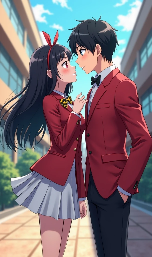 A sexy Japanese girl with red eyes, purple eyes, long hair, black hair, hair ribbon``For Clothing: ``school uniform, bow tie, red jacket, white skirt, pleated skirt, kissing,a tall muscular korean male with black short hair blue eye's for clothing school uniform red jacket bow tie black pants