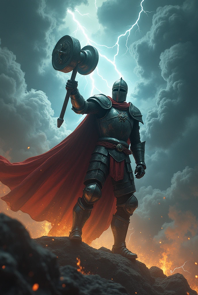 masterpiece, Highest quality, Very detailed, Ultra-high resolution,Two-handed hammer,middle ages,knight,swing,Crush,Lightning strikes,Aura of Light