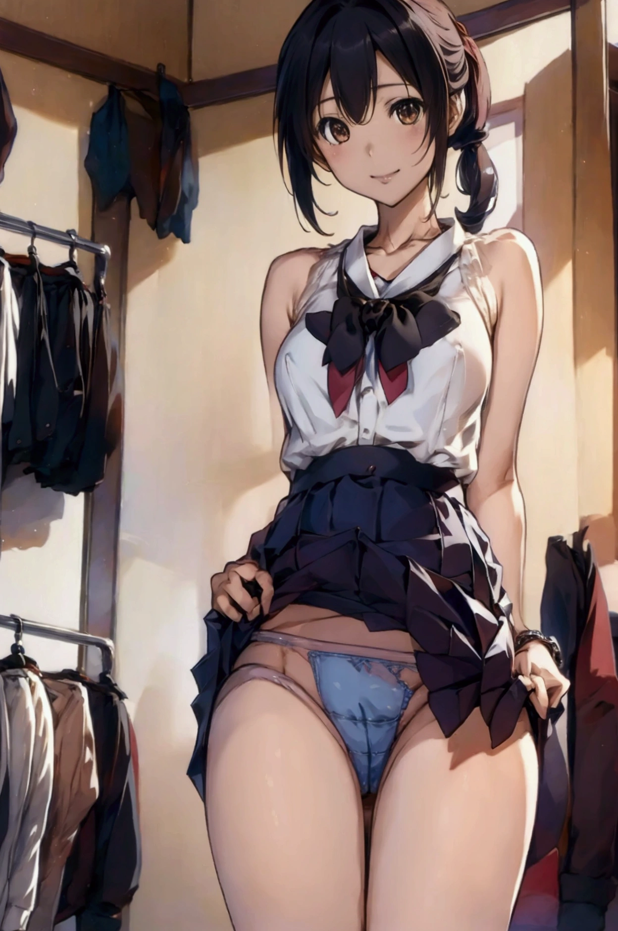 8k, alone、Highest quality, masterpiece, Realistic, Very detailed, photo Realistic, Improvement of quality, Hmph:1.2,City park in the evening、on the asphalt、32K、Best image quality、Ochre sleeveless knit dress、Cheap feeling、very good、panties、Bodyline:1.3 is clear、、((Browsing Caution:1,.))、smile、(Bob Hair)、Medium bodied:1.3、Ample breasts:1.3、height: 157cm,A Japanese woman of unparalleled beauty、Beautiful Face、High heels、Bracelet in right hand、((Aya Ueto:1.3))、((Pulling on panties)),((Skirt flip,No pants))、