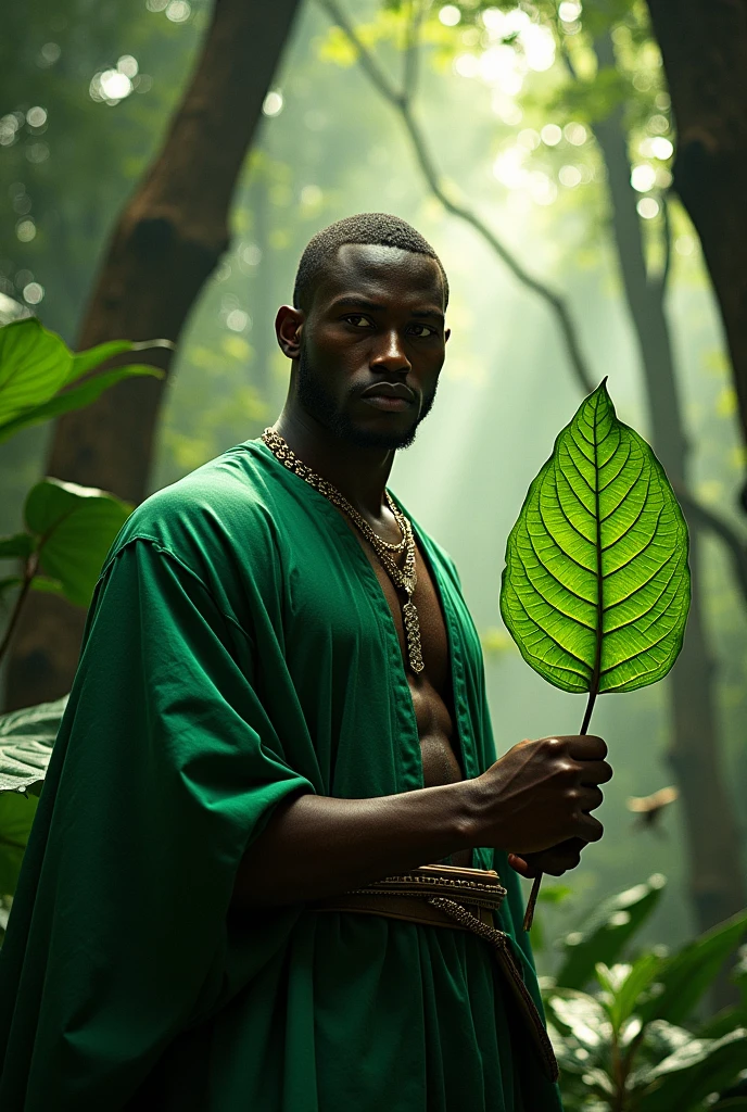 Orisha black man warrior short hair green clothes holding a leaf in his hand in the middle of the dense forest