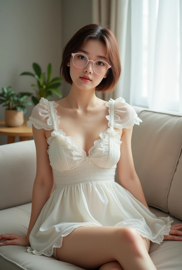 photo Realistic:1.2, Highest quality, Highest quality, Ultra-high resolution, RAW Photos, Realistic, Bright lighting, Face Light, Smooth Professional Lighting, Looking into the camera, alone, (perfect body structure):2.0, Adult female, ((japanese,)) (((Beautiful woman))), (((Super Beauty))), Realistic skin, Moisturized Skin, (Realistic eyes and faces):1.5, Perfect model body shape, Beautiful Eyes, Big eyes, Inconspicuous tear bags, slim, Big Breasts:1.5, Very good, No makeup, Beautiful fingers, Very short hair, brown hair, brown eye, (seems to be happy), (Both ears are hidden by hair), cowboy shot), (Pink frame glasses), (((Biomechanical))), (((white Dress, frills, lace))),(((white lace panties))), Sitting with Knees Up on sofa:1.8, Knees Up:1.5, spread legs:1.9, masterpiece, masterpiece, anatomically correct, high details, high quality, nsfw