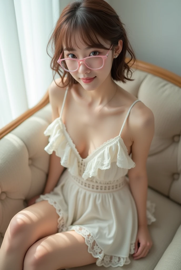 photo Realistic:1.2, Highest quality, Highest quality, Ultra-high resolution, RAW Photos, Realistic, Bright lighting, Face Light, Smooth Professional Lighting, Looking into the camera, alone, (perfect body structure):2.0, Adult female, ((japanese,)) (((Beautiful woman))), (((Super Beauty))), Realistic skin, Moisturized Skin, (Realistic eyes and faces):1.5, Perfect model body shape, Beautiful Eyes, Big eyes, Inconspicuous tear bags, slim, :1.5, Very good, No makeup, Beautiful fingers, Very short hair, brown hair, brown eye, (seems to be happy), (Both ears are hidden by hair), cowboy shot), (Pink frame glasses), (((Biomechanical))), (((white Dress, frills, lace))),(((white lace panties))),g with Knees Up on sofa:1.8, Knees Up:1.5, spread legs:1.9, m masterpiece, anatomically correct, high details, high quality, nsfw