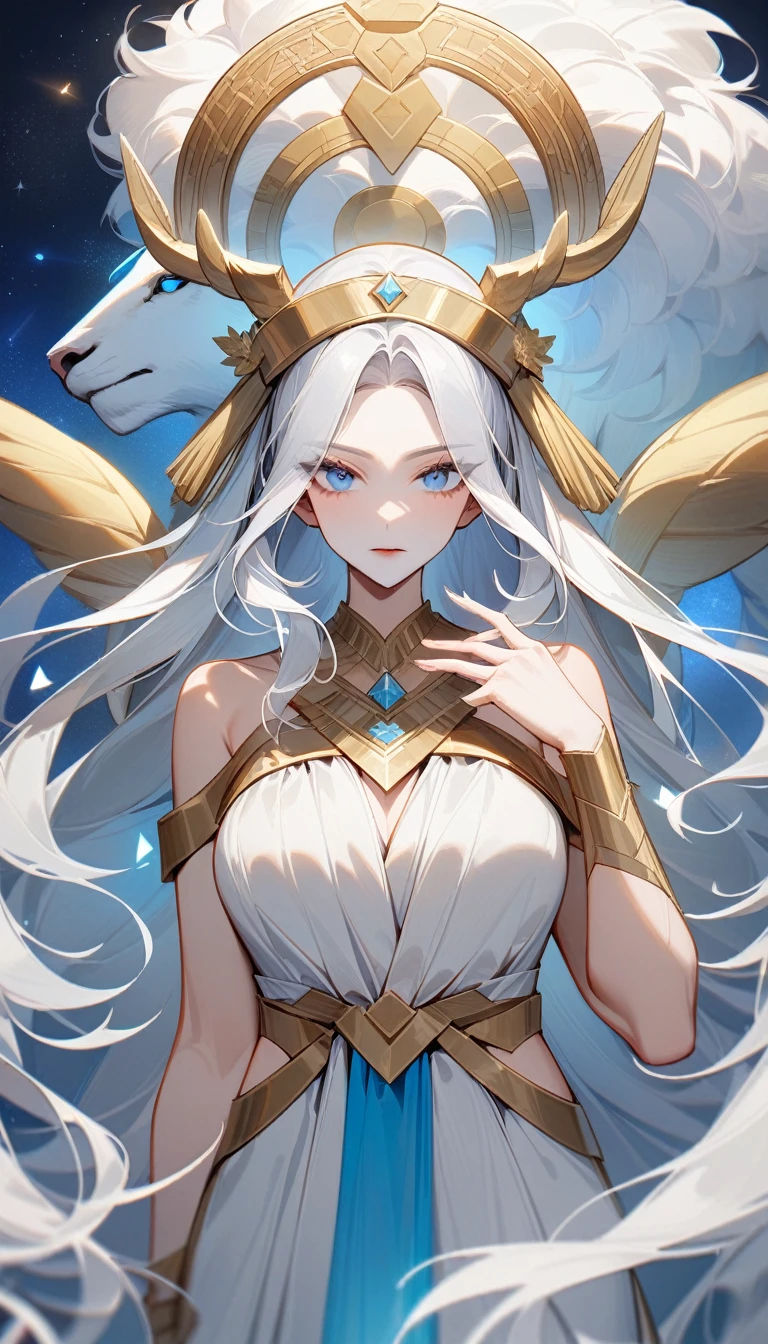 (Huang Li、high quality、Extremely detailed),Zodiac sign- Aries goddess,Giant white sheep,Woman stroking Aries,Similar to Latin goodness,brave,capricious,Productivity,The face of enterprising and humanitarianism,White long hair,Ancient Greek costumes、Wrap Dress,The background is the universe,Crystal blue eyes(Eyes Details),Powerful appearance