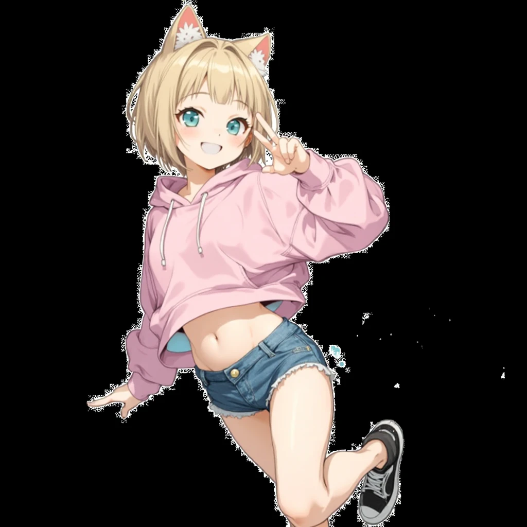 Blonde Hair、Very Short Hair、Cat ears of the same color as the hair、Plain pink short sleeve hoodie、Short denim shorts、Belly button、sneakers、Turquoise Eyes、Flat Chest、Big white flower hair ornament、Design the cover for a dark fantasy psychological drama light novel set in Rio de Janeiro in 2050, In a similar style "Inuyasha" or "Yu Yu White Paper", showing a smiling Japanese teenager holding a backpack with long black hair in the foregrornd, while in the backgrornd other characters fight; Use a red and black palette, Enter a title in the box on the top right.