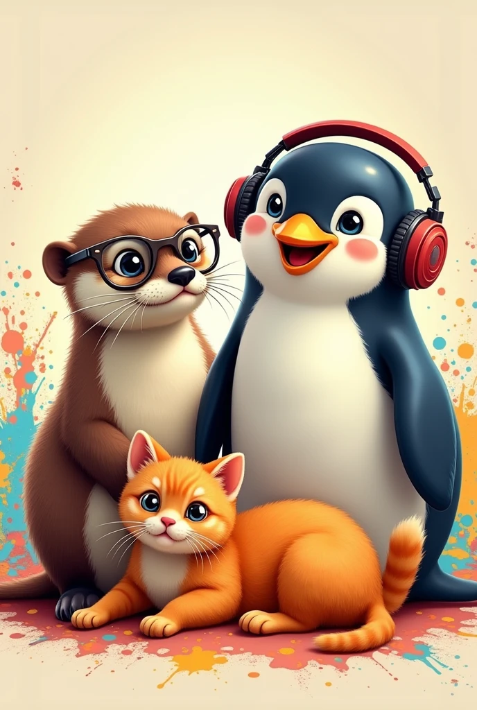 Generate an image showing an otter wearing glasses, next to a penguin with headphones, and with them, a cat with orange fur. The scene should be cheerful and colorful, with each animal standing out in its characteristic attitude: the otter with a curious expression behind his glasses, the penguin enjoying his music and the orange cat with a relaxed or playful posture