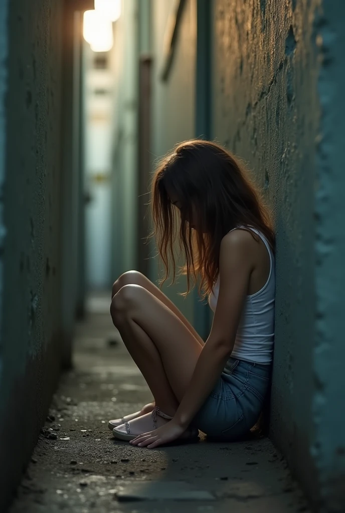 (A teen girl) (peeing & pooping, urgently) Hiding behind alley)(Realistic) (peeing and pooping in a corner of an alleyway) (she