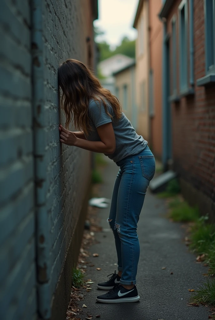 (A girl) (peeing & pooping, urgently) Hiding behind alley)(Realistic) (peeing and pooping in a corner of an alleyway) (she