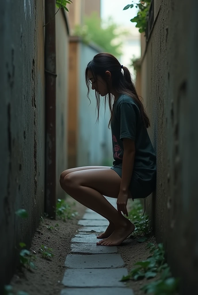 (A girl) (peeing & pooping, urgently) Hiding behind alley)(Realistic) (peeing and pooping in a corner of an alleyway) (she