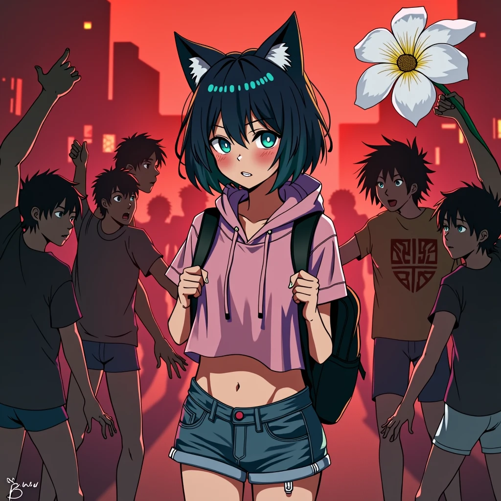 Rondo Hair、Very Short Hair、Cat ears of the same color as the hair、Plain pink short sleeve hoodie、Short denim shorts、Belly button、sneakers、Turquoise Eyes、Flat Chest、Big white flower hair ornament、Design the cover for a dark fantasy psychological drama light novel set in Rio de Janeiro in 2050, In a similar style "Inuyasha" or "Yu Yu White Paper", showing a smiling Japanese ager holding a backpack with long black hair in the foregrornd, while in the backgrornd other characters fight; Use a red and black palette, Enter a title in the box on the top right.