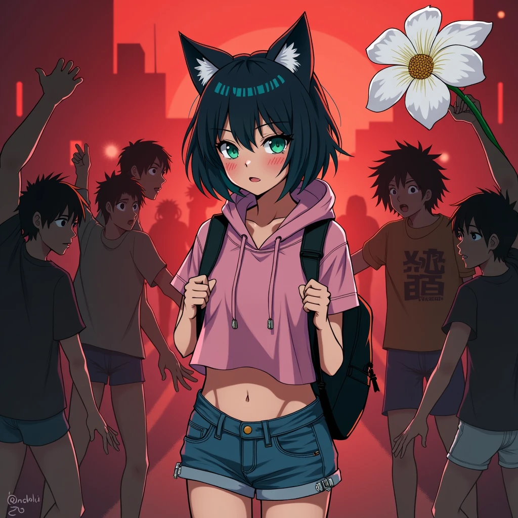 Rondo Hair、Very Short Hair、Cat ears of the same color as the hair、Plain pink short sleeve hoodie、Short denim shorts、Belly button、sneakers、Turquoise Eyes、Flat Chest、Big white flower hair ornament、Design the cover for a dark fantasy psychological drama light novel set in Rio de Janeiro in 2050, In a similar style "Inuyasha" or "Yu Yu White Paper", showing a smiling Japanese teenager holding a backpack with long black hair in the foregrornd, while in the backgrornd other characters fight; Use a red and black palette, Enter a title in the box on the top right.
