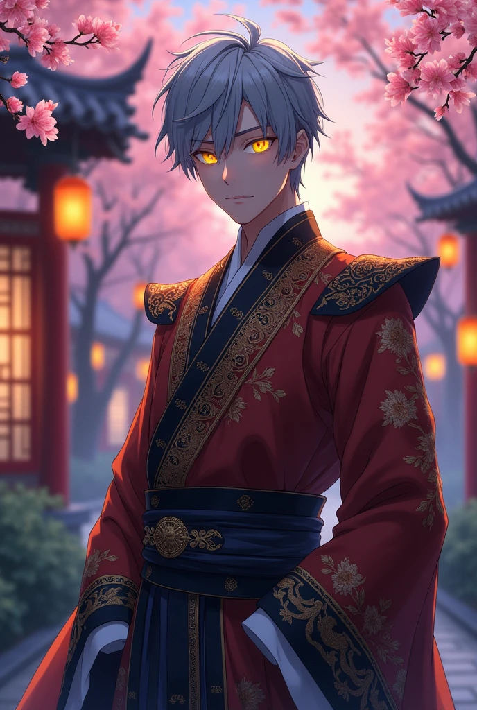 anime man,phosphorescent yellow eyes traditional Chinese costume, short gray hair, well-built
