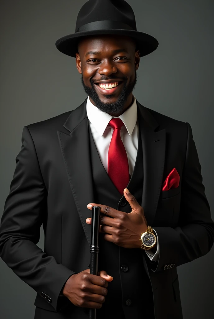 Full image (front view) (masterpiece) (highly detailed) of very handsome and smiling (open teeth) African-American Man on black hat, dressed in black suit, white inner, black waist code, and red tie rich an fancy pose with hands (no earrings), showing hand with fancy wrist watch, black walking stick, black hat, real photography, 8K, HD