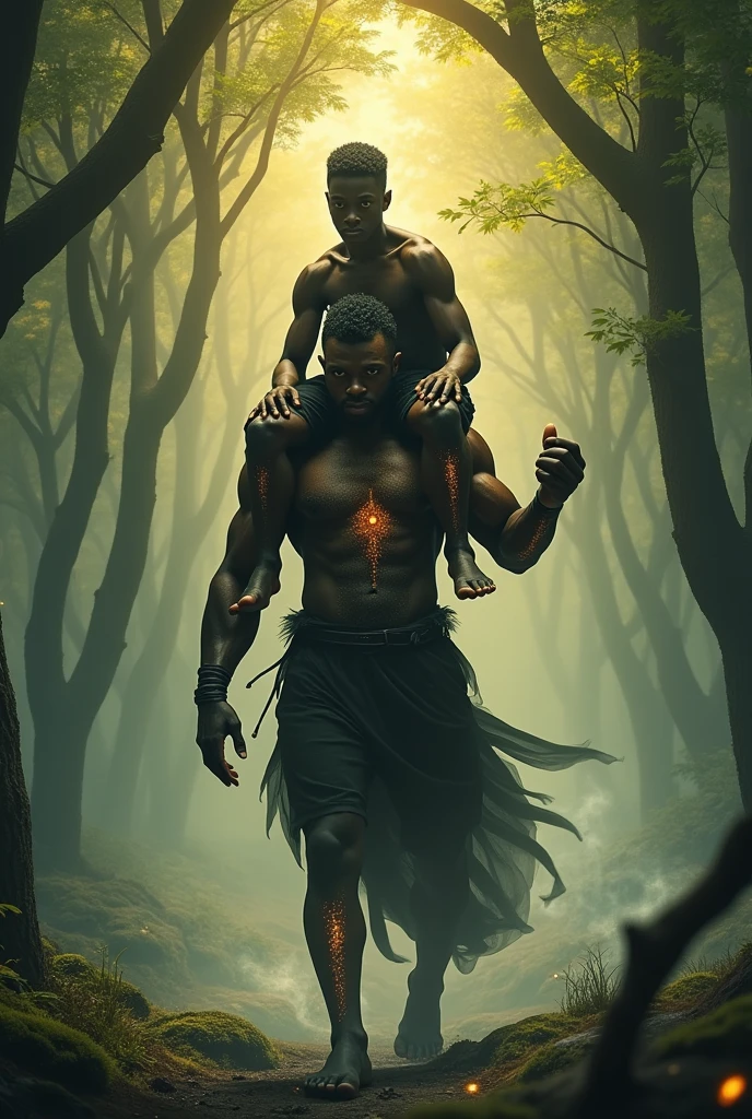 Create a black , exu, carrying another black male on his shoulders ( without collar)