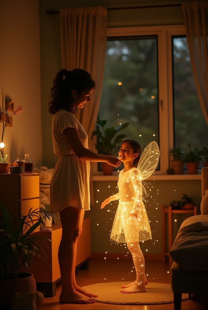 Ana turns off the lights and appliances one by one. While doing so, a small shining figure, an Electricity Fairy, appears floating next to him.