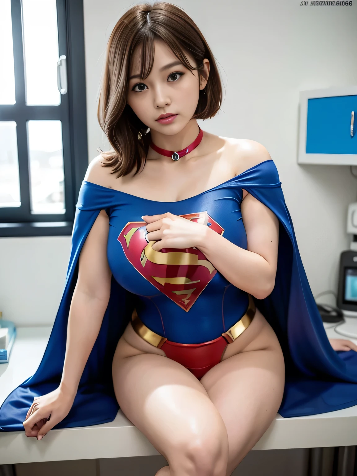 masterpiece、Rubber Supergirl Costume、short hair、barefoot、Big and ample breasts、looking at the camera、choker、Long sleeve、Cape、mini skirt、Off the shoulder、Sweaty skin、In front of the laboratory equipment in the hospital room、Photo magazine cover、Glamorous cleavage、Boasting beautiful legs、High leg leotard、Bare legs、Nymphomaniac teenage wife、Close-up shot from the front、